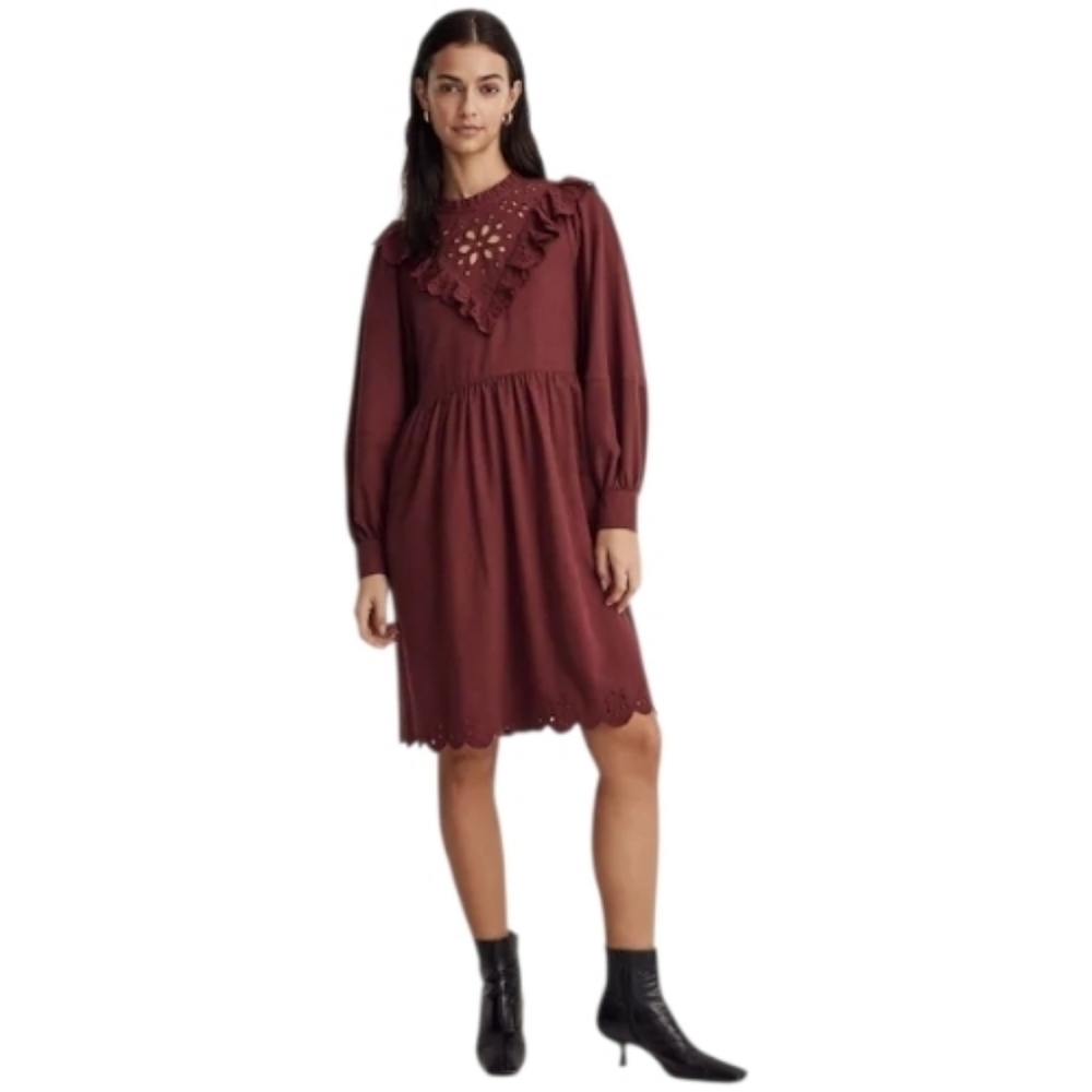 Madewell Embroidered Ruffled Flannel Mini Dress In Vintage Mulberry. Cottagecore - Picture 2 of 14